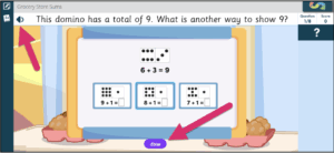 The K-2 Exact Path practice screen shows a question and answer choices. The speaker button is in the top left and submit using the purple done button in the bottom center of the screen.